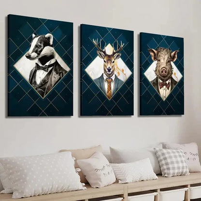 3pcs Badger Deer and Pig in Suits Wall Art Set Canvas Unframed - High Quality Print 100% Australian Made Wall Canvas