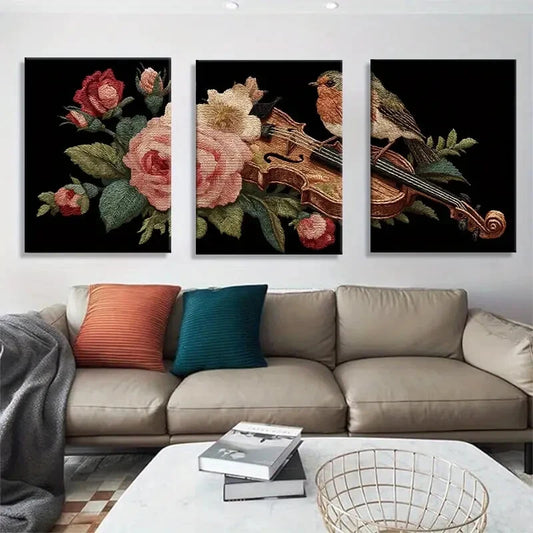 3pcs Vintage Violin Floral Style Bird & Rose Metal Print Ready to Hang Art