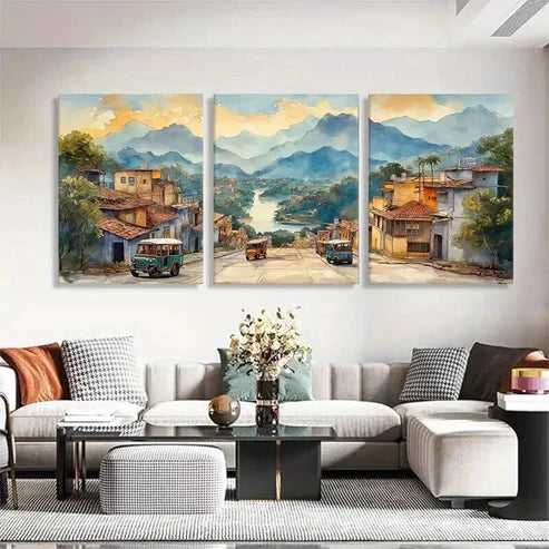 3pcs Vintage Mountain Street Colorful Prefect Wall Art Canvas Unframed - High Quality Print 100% Australian Made Wall Canvas