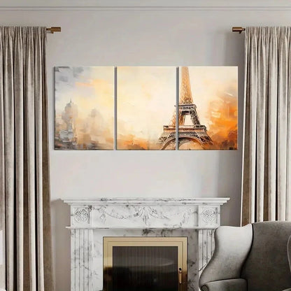3pcs Eiffel Tower Abstract Golden Hue Cityscape Metal Print Ready to Hang Art