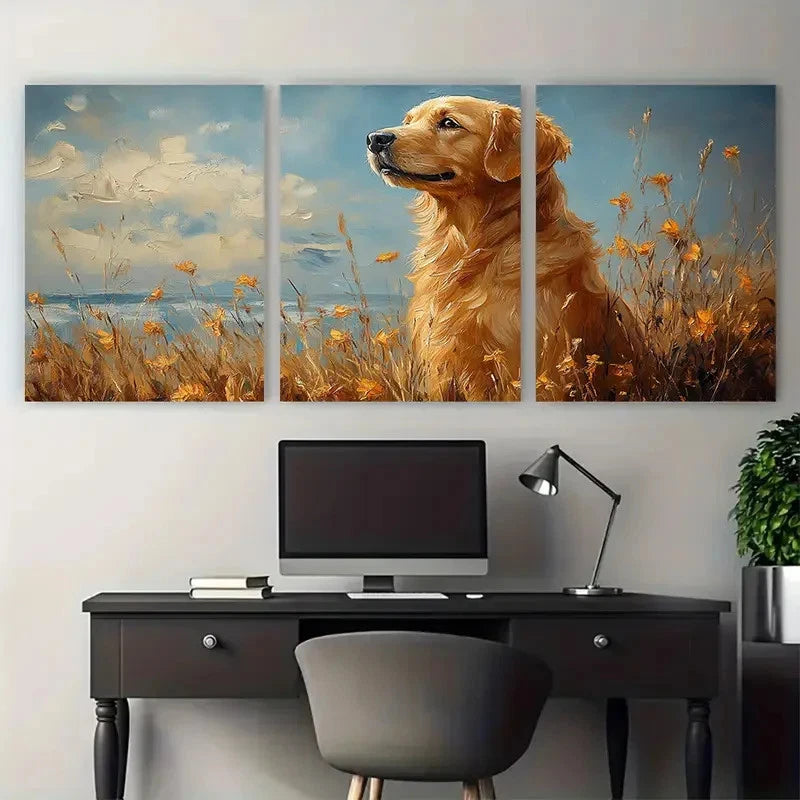 3pcs Golden Retriever in Floral Field with Sea Metal Print Ready to Hang Art