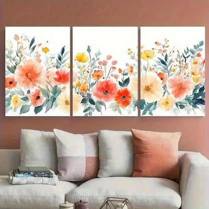 3pcs Colorful Floral with Leaves Illustration Metal Print Ready to Hang Art