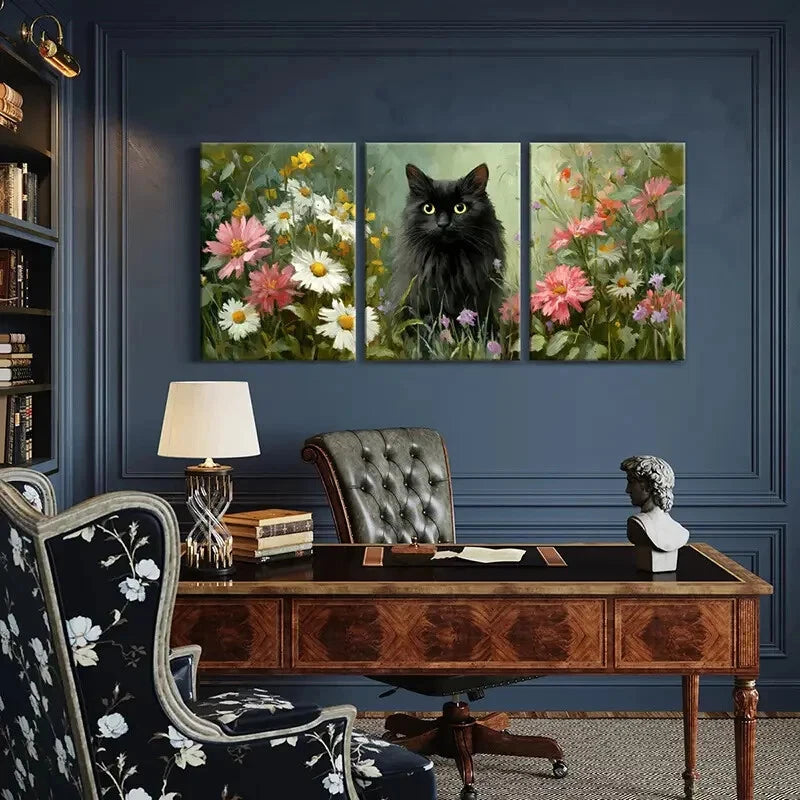 3pcss Black Cat Among Wildflowers Floral Metal Print Ready to Hang Art