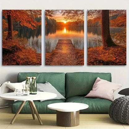 3pcs Serene land Scenery with Warm Golden Glow Metal Print Ready to Hang Art