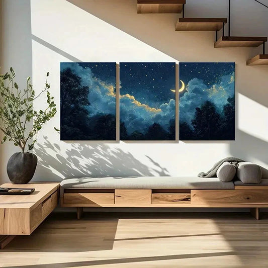 3pcs Moonlit Night Sky Starry Clouds Crescent Moon Metal Print Ready to Hang Art