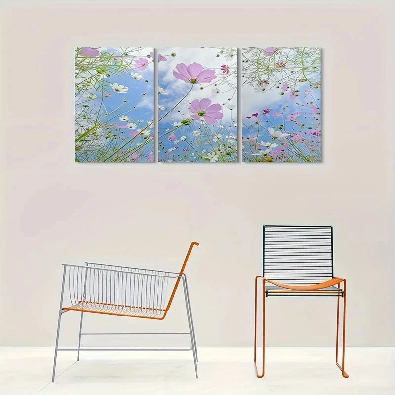 3pcs Pink and White Floral Blue Sky Metal Print Ready to Hang Art