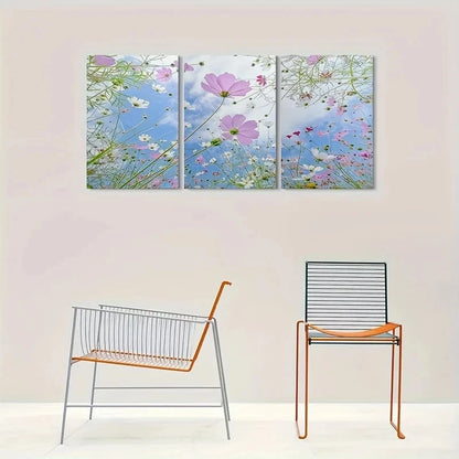 3pcs Pink and White Floral Blue Sky Metal Print Ready to Hang Art