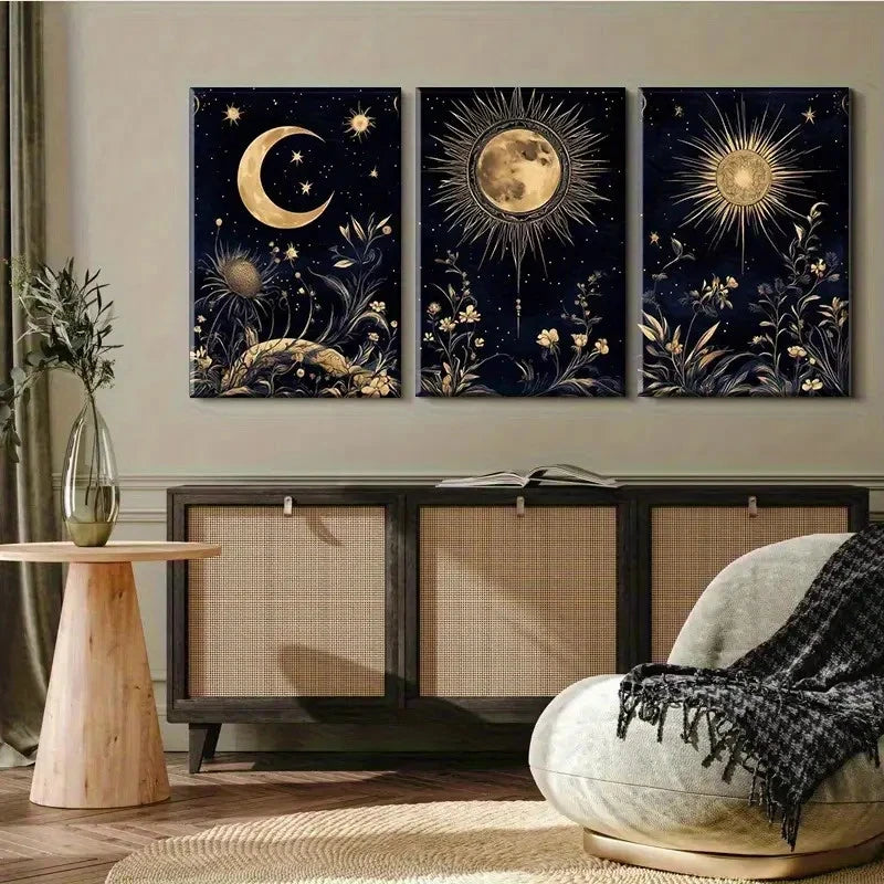 3pcs Golden and Navy Blue Celestial and Floral Metal Print Ready to Hang Art