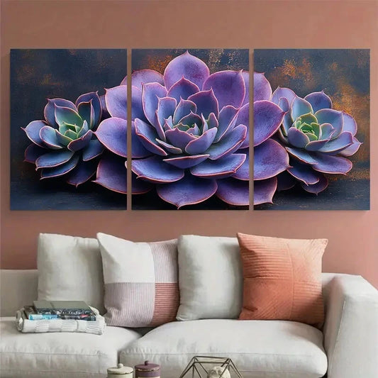 3pcs Succulent Purple Green Design Metal Print Ready to Hang Art