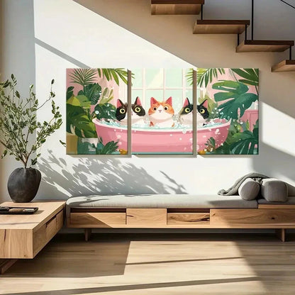 3pcs Whimsical Cats in Bathtub Tropical Plants Metal Print Ready to Hang Art