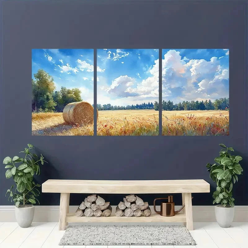 3pcs Rustic Haystacks Serene Countryside Landscape Metal Print Ready to Hang Art