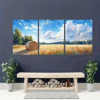 3pcs Rustic Haystacks Serene Countryside Landscape Metal Print Ready to Hang Art