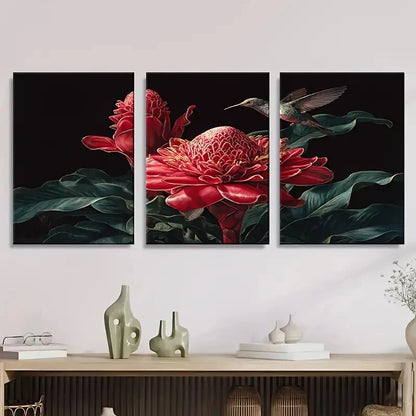 3pcs tropical torch ginger & bird Wall Art Set Canvas Framed 60x90cm - High Quality Print 100% Australian Made Wall Canvas Ready to Hang