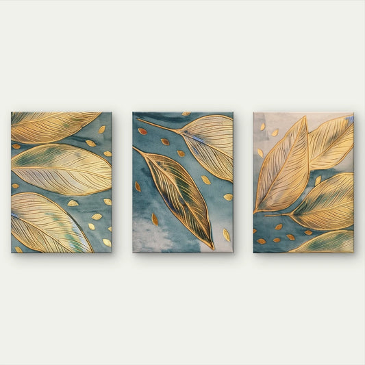 3pcs Gold and Blue Leaf Pattern Luxurious Wall Art Set Canvas Framed 60x90cm - High Quality Print 100% Australian Made Wall Canvas Ready to Hang