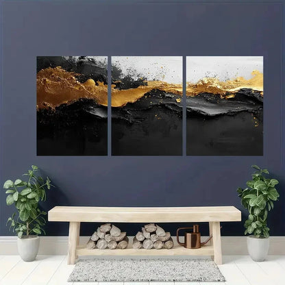 3pcs Black and White with Golden Splashes Metal Print Ready to Hang Art