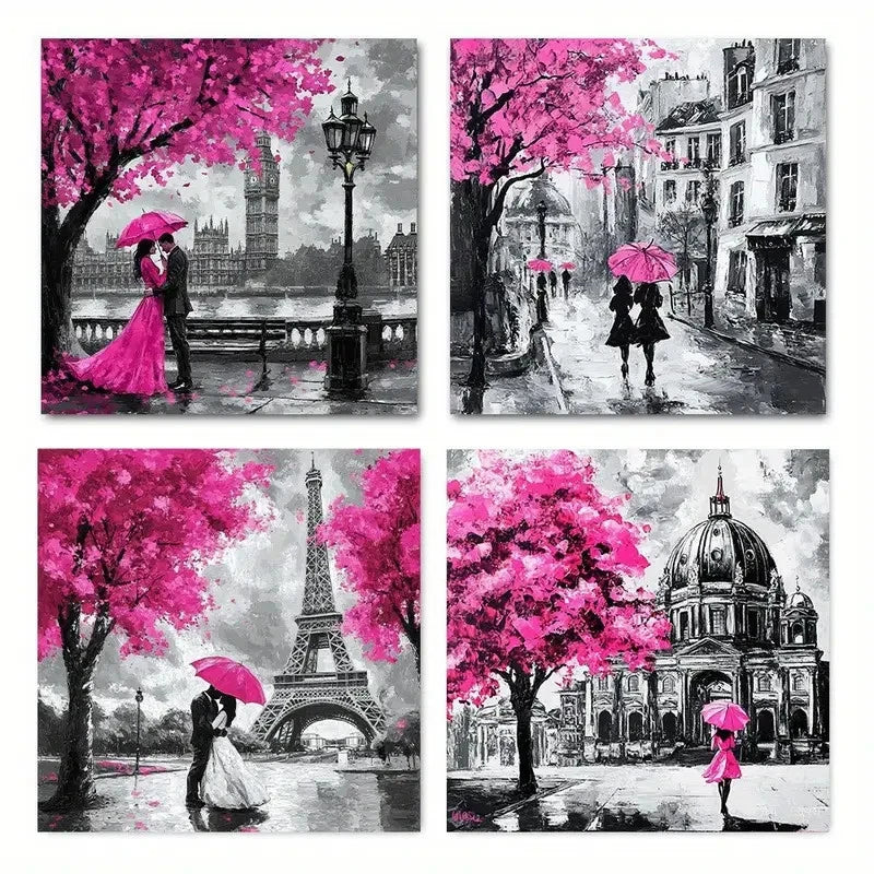 4pcs Black White And Teal Umbrella Couple Eiffel Wall Art Canvas Framed
