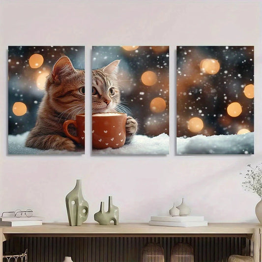 3pcs Snowy Nature Orange Cat Cup Metal Print Ready to Hang Art