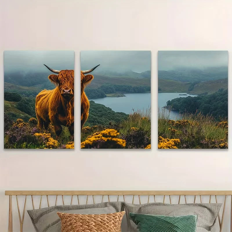 3pcs Rustic Highland Cow Canvas Scottish  Wall Art Set Canvas Framed 60x90cm - High Quality Print 100% Australian Made Wall Canvas Ready to Hang