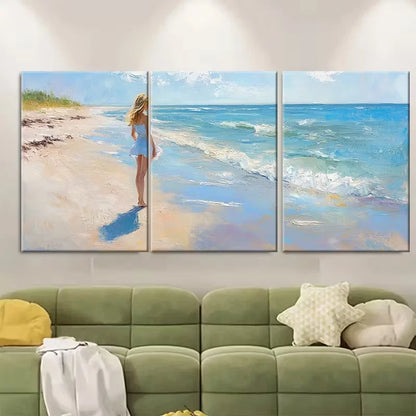 3pcs Woman on the Beach Painting Metal Print Ready to Hang Art