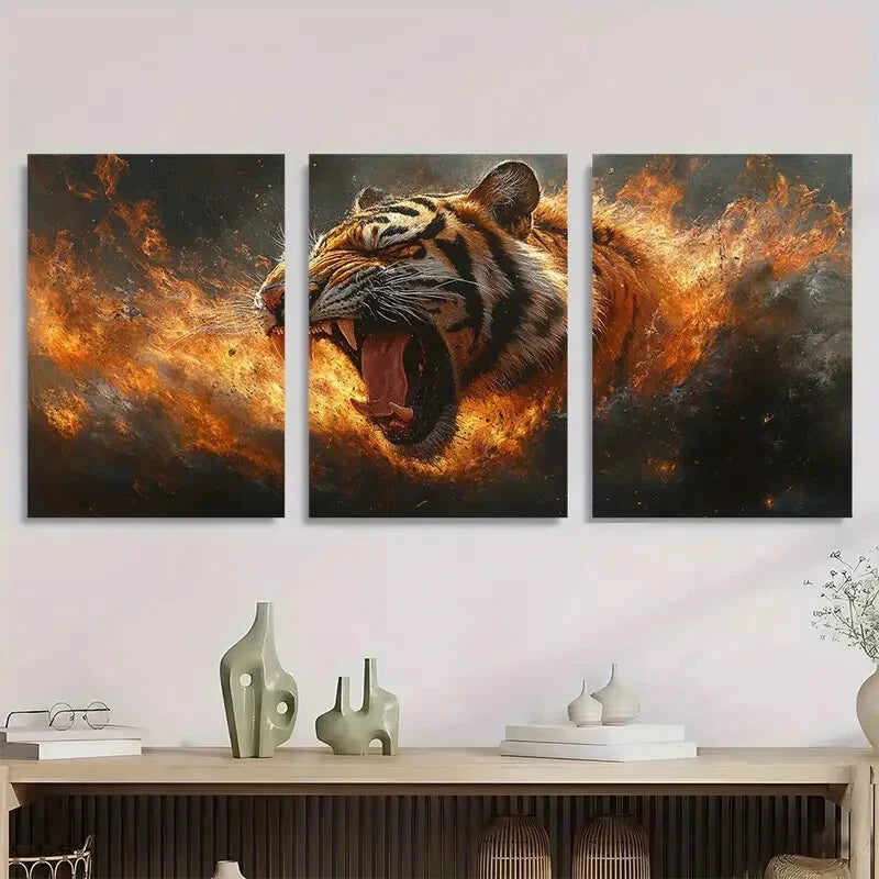 3pcs Vibrant Roaring Tiger Dynamic Animal Metal Print Ready to Hang Art