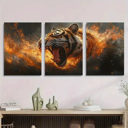 3pcs Vibrant Roaring Tiger Dynamic Animal Metal Print Ready to Hang Art