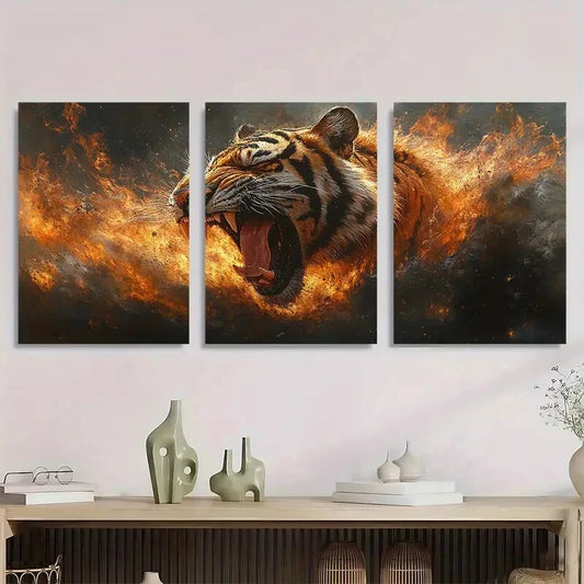 3pcs Vibrant Roaring Tiger Dynamic Animal Metal Print Ready to Hang Art