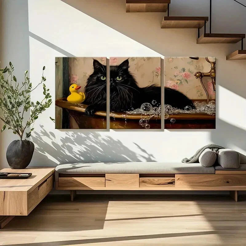 3pcsBlack Cat Bathing Rubber Duck Floral Wallpaper Metal Print Ready to Hang Art