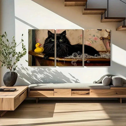 3pcsBlack Cat Bathing Rubber Duck Floral Wallpaper Metal Print Ready to Hang Art