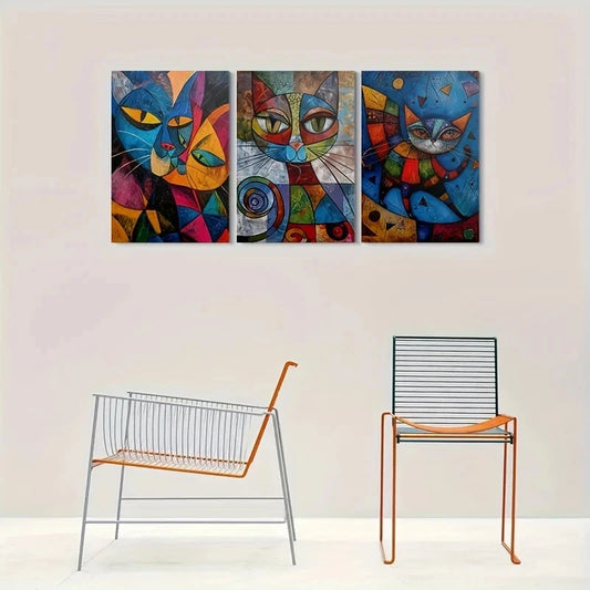 3pcs Geometric Feline Colorful Swirls & Patterns Metal Print Ready to Hang Art