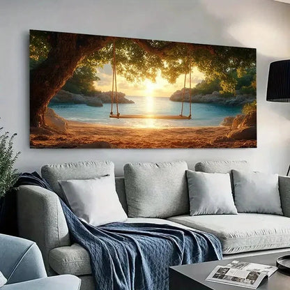 Beach Swing Gold Sunset wall canvas office home room framed 120x60cm - Bella Home Decor