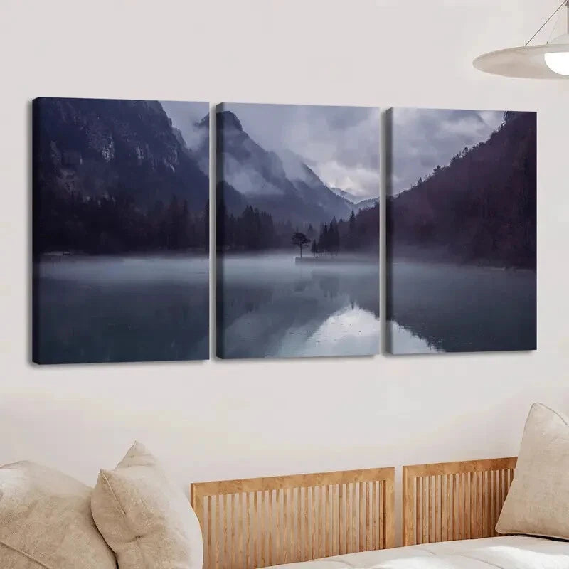 3pcs Mist Over Mountain Lake Décor Perfect Wall Art Set Canvas Framed 40x60cm - High Quality Print 100% Australian Made Wall Canvas Ready to Hang