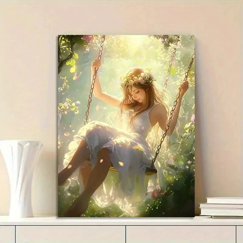 Beautiful Girl In a White Dress Is Sitting on a Swing 40x60cm Metal Print Ready to Hang