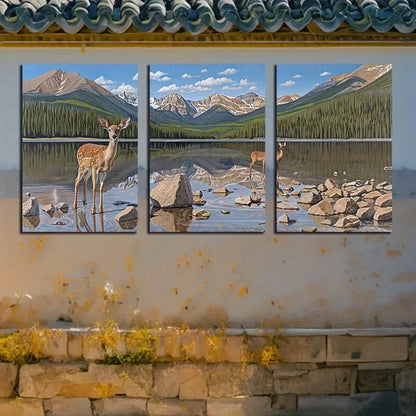 3pcs Animals by Calm Lake with Mountain View Metal Print Ready to Hang Art