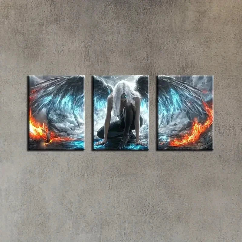 3pcs Mystical Blue & Golden Winged Figure Metal Print Ready to Hang Art