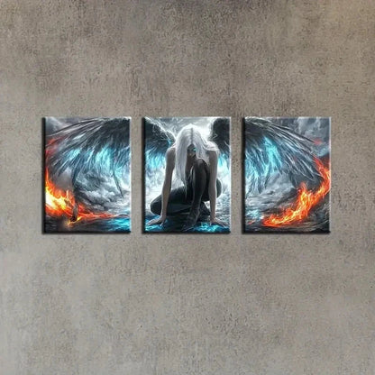 3pcs Mystical Blue & Golden Winged Figure Metal Print Ready to Hang Art