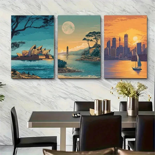 3pcs Twilight Over Sydney Wall Art Set Canvas Framed 40x60cm - High Quality Print 100% Australian Made Wall Canvas Ready to Hang