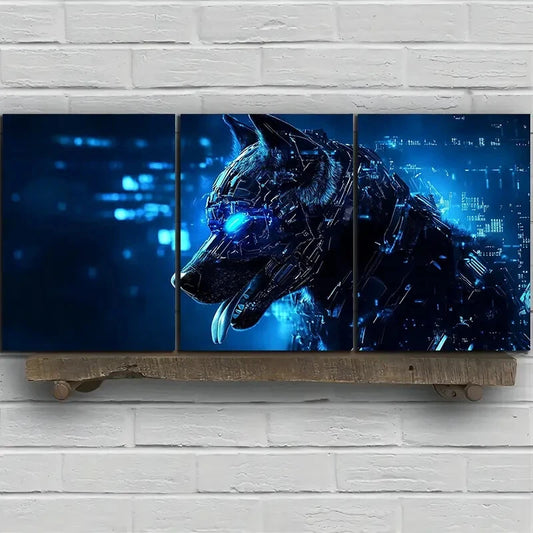 3pcs Cybernetic Dog Stunning Blue Themed Metal Print Ready to Hang Art