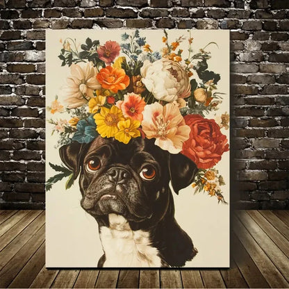Beautiful Vintage Flowers And Pug Painting 40x60cm Metal Print Ready to Hang