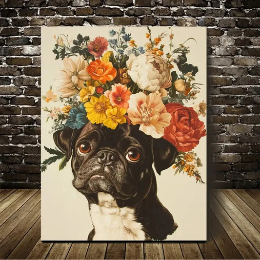 Beautiful Vintage Flowers And Pug Painting 40x60cm Metal Print Ready to Hang