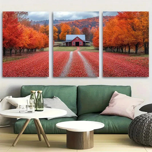 3pcs Autumn Apple Orchard with Rows Of Trees Metal Print Ready to Hang Art