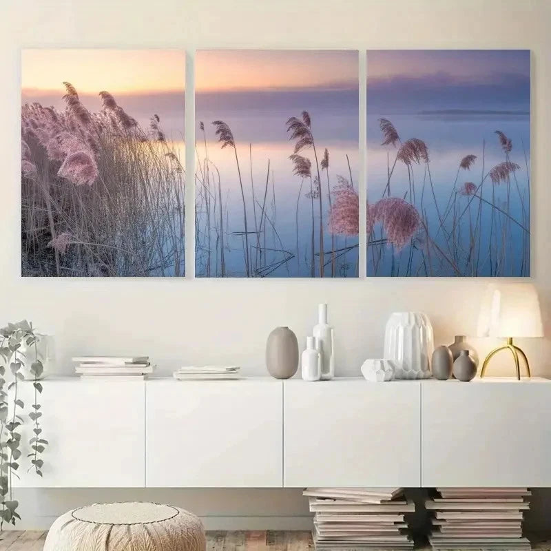 3pcs Natural Sunset Pampas Grass Painting Metal Print Ready to Hang Art