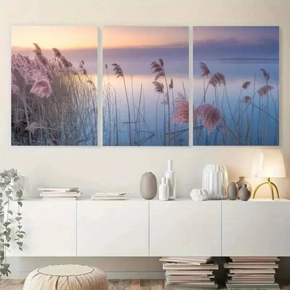3pcs Natural Sunset Pampas Grass Painting Metal Print Ready to Hang Art