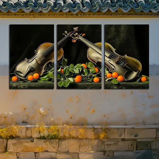 3pcs Green Violin with Orange Fruits Metal Print Ready to Hang Art