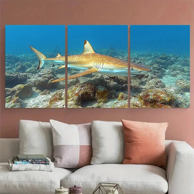 3pcs Sharks Swimming Through Coral Reef Design Metal Print Ready to Hang Art