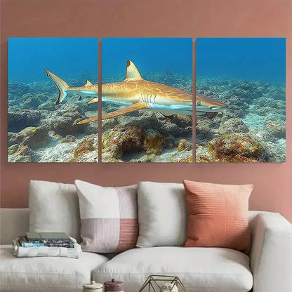 3pcs Sharks Swimming Through Coral Reef Design Metal Print Ready to Hang Art