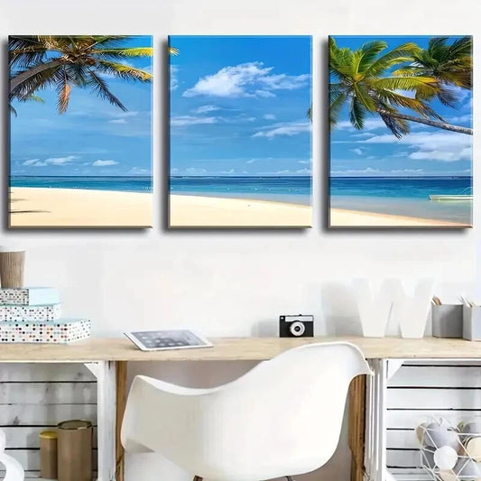 3pcs Beach Coconut Beach Landscape Painting Wall Art Set Canvas Framed 40x60cm - High Quality Print 100% Australian Made Wall Canvas Ready to Hang