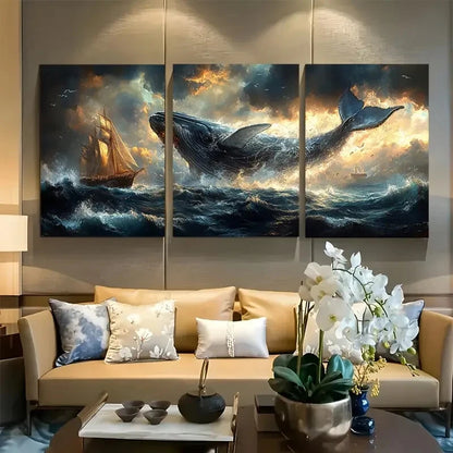 3pcs Majestic Whale and Sailboat Ocean Adventure Metal Print Ready to Hang Art