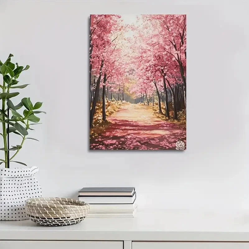 Vibrant Pink Blossoms & Lush Greenery Painting 40x60cm Metal Print Ready to Hang