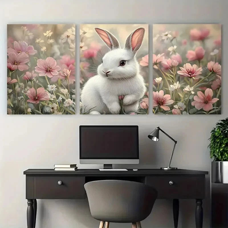 3pcs Charming White Bunny Spring Floral Design Metal Print Ready to Hang Art