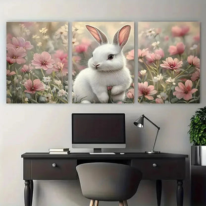 3pcs Charming White Bunny Spring Floral Design Metal Print Ready to Hang Art